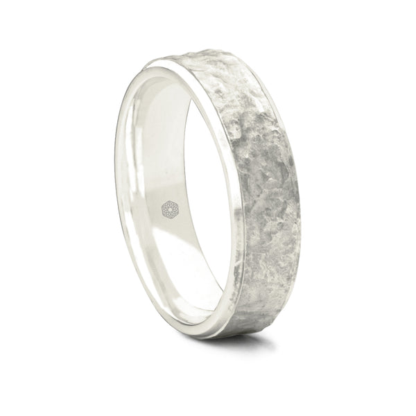 Mens 9ct White Gold Flat Court Shape Wedding Ring With a Hammered Finish Bordered by Polished Edges