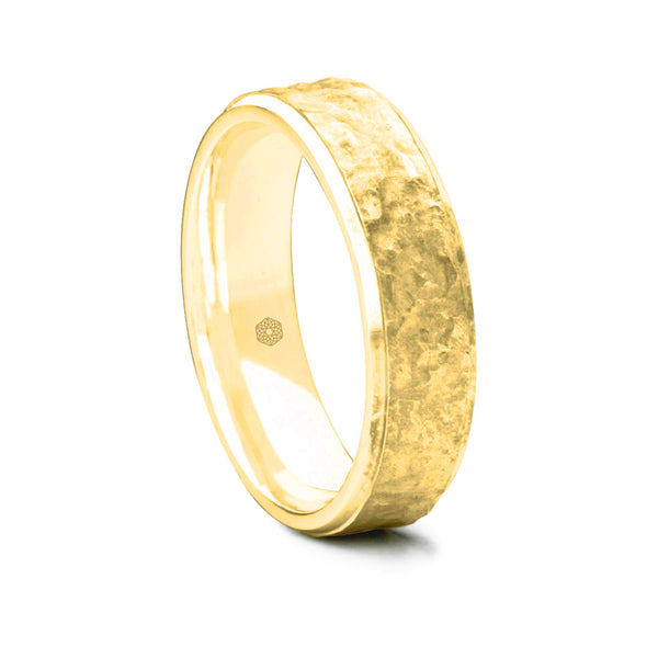 Mens 9ct Yellow Gold Flat Court Shape Wedding Ring With a Hammered Finish Bordered by Polished Edges