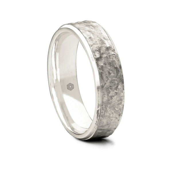 Mens Palladium 500 Flat Court Shape Wedding Ring With a Hammered Finish Bordered by Polished Edges