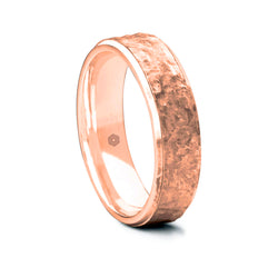 Mens 18ct Rose Gold Flat Court Shape Wedding Ring With a Hammered Finish Bordered by Polished Edges