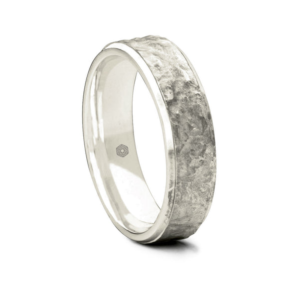 Mens 18ct White Gold Flat Court Shape Wedding Ring With a Hammered Finish Bordered by Polished Edges
