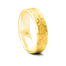 Mens 18ct Yellow Gold Flat Court Shape Wedding Ring With a Hammered Finish Bordered by Polished Edges