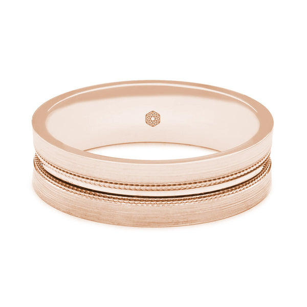 Horizontal Shot of Mens Satin Finish 9ct Rose Gold Flat Court Shape Wedding Ring With Central Groove and Millgrain Detail