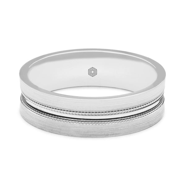 Horizontal Shot of Mens Satin Finish 9ct White Gold Flat Court Shape Wedding Ring With Central Groove and Millgrain Detail