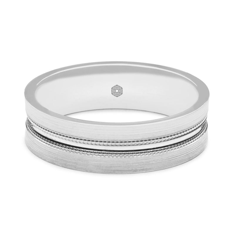 Horizontal Shot of Mens Satin Finish 9ct White Gold Flat Court Shape Wedding Ring With Central Groove and Millgrain Detail