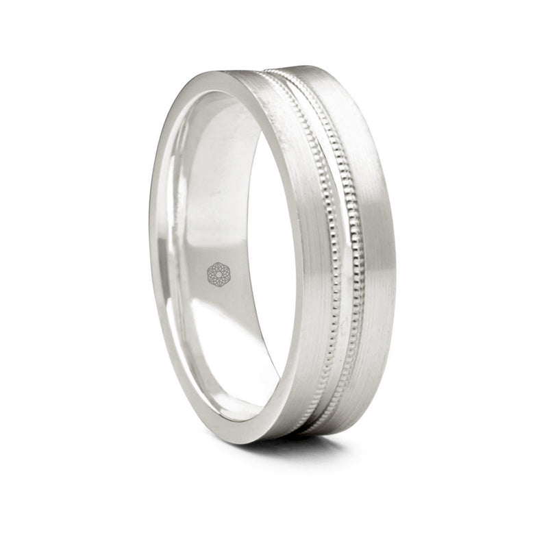 Mens Satin Finish Palladium 500 Flat Court Shape Wedding Ring With Central Groove and Millgrain Detail