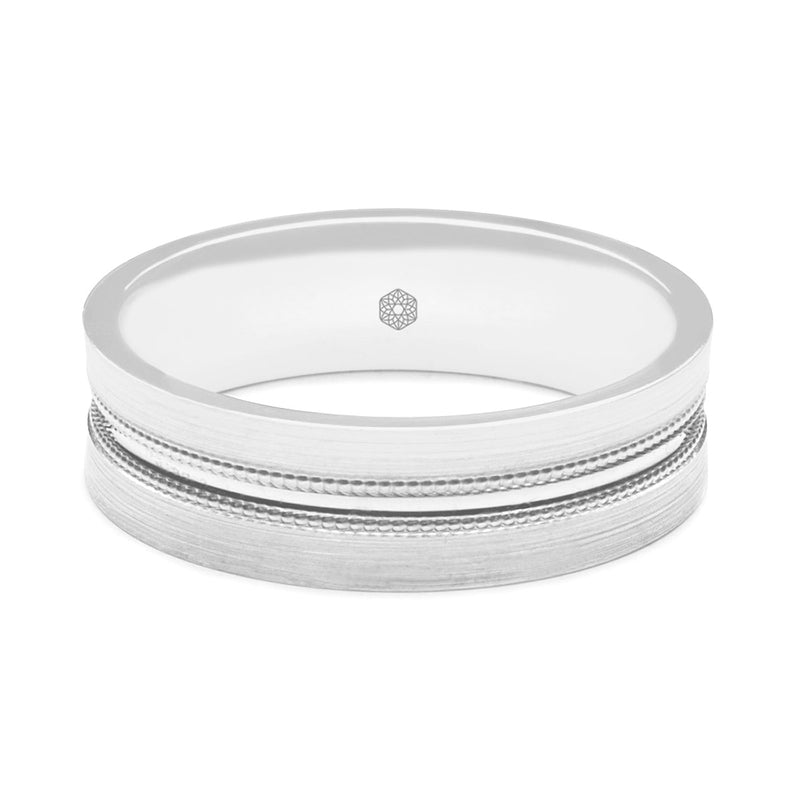 Horizontal Shot of Mens Satin Finish Platinum 950 Flat Court Shape Wedding Ring With Central Groove and Millgrain Detail