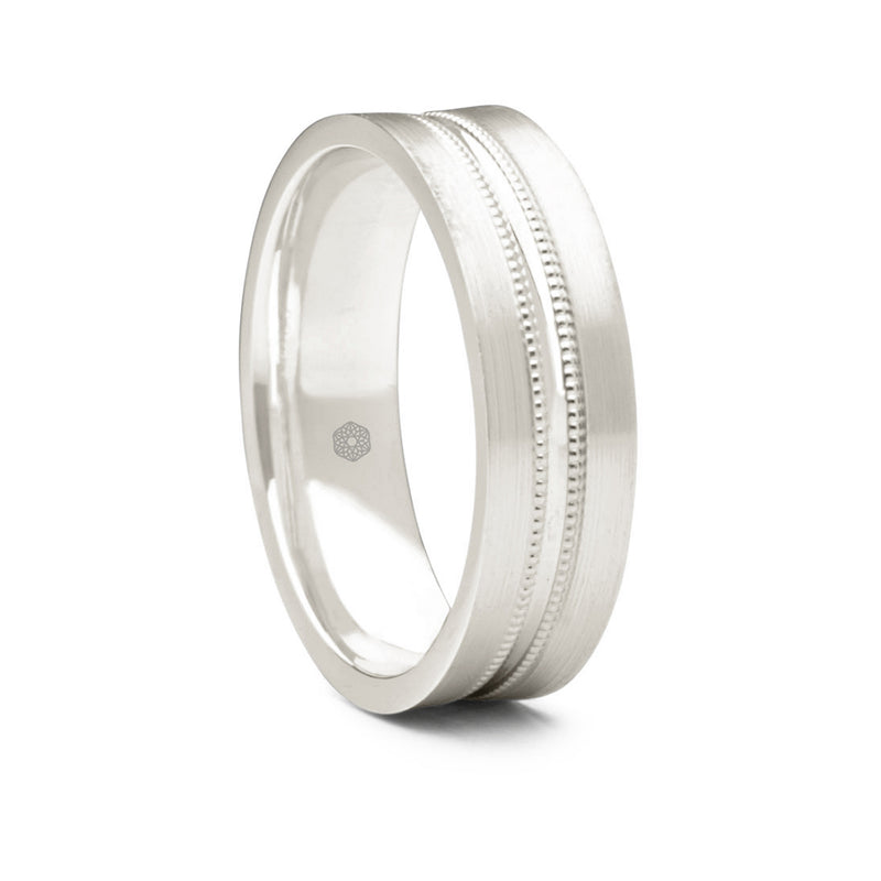 Mens Satin Finish Platinum 950 Flat Court Shape Wedding Ring With Central Groove and Millgrain Detail