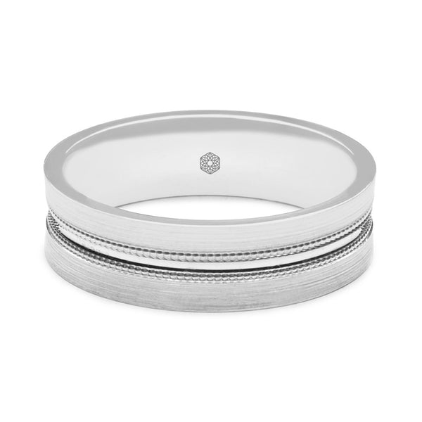 Horizontal Shot of Mens Satin Finish 18ct White Gold Flat Court Shape Wedding Ring With Central Groove and Millgrain Detail