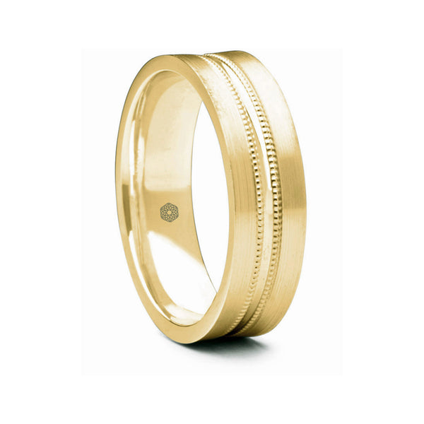 Mens Satin Finish 18ct Yellow Gold Flat Court Shape Wedding Ring With Central Groove and Millgrain Detail