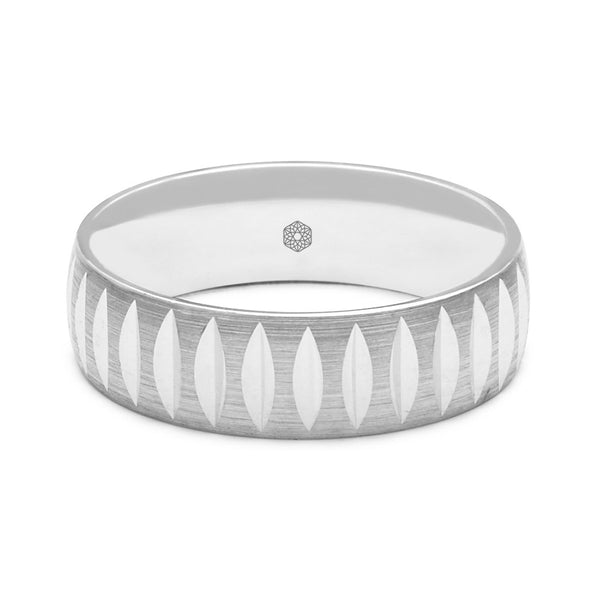 Horizontal Shot of Mens Satin Finish 9ct White Gold Court Shape Wedding Ring With V Shaped Cuts