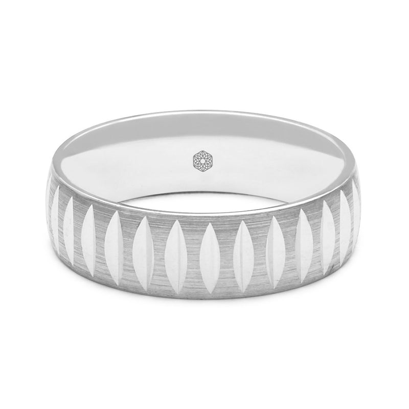 Horizontal Shot of Mens Satin Finish 9ct White Gold Court Shape Wedding Ring With V Shaped Cuts