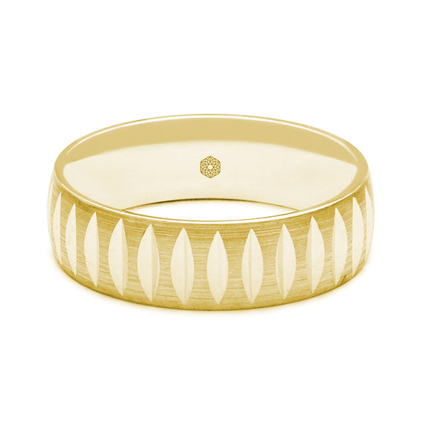 Horizontal Shot of Mens Satin Finish 18ct Rose Gold Court Shape Wedding Ring With V Shaped Cuts
