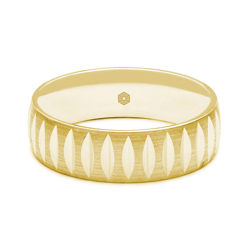 Horizontal Shot of Mens Satin Finish 18ct Rose Gold Court Shape Wedding Ring With V Shaped Cuts
