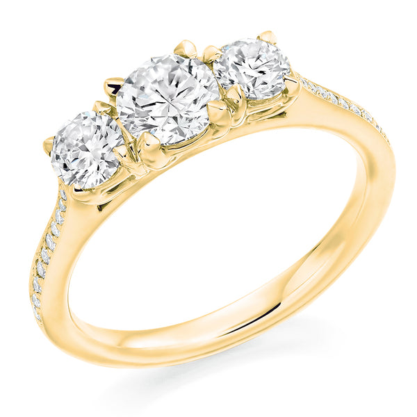 18ct Yellow Gold GIA Certified Round Brilliant Cut Diamond Trilogy Engagement Ring With Diamond Set Shoulders