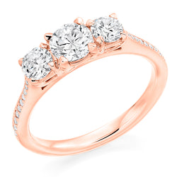 18ct Rose Gold GIA Certified Round Brilliant Cut Diamond Trilogy Engagement Ring With Diamond Set Shoulders