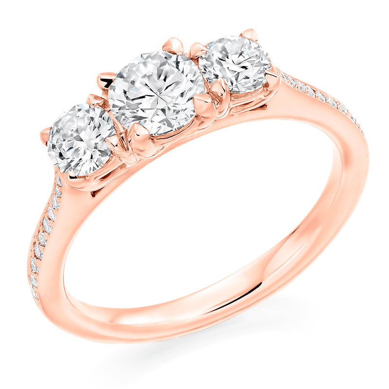 18ct Rose Gold GIA Certified Round Brilliant Cut Diamond Trilogy Engagement Ring With Diamond Set Shoulders
