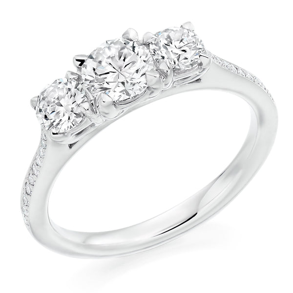 9ct White Gold GIA Certified Round Brilliant Cut Diamond Trilogy Engagement Ring With Diamond Set Shoulders