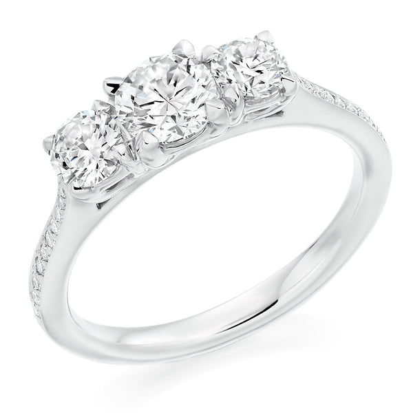 Platinum 950 GIA Certified Round Brilliant Cut Diamond Trilogy Engagement Ring With Diamond Set Shoulders