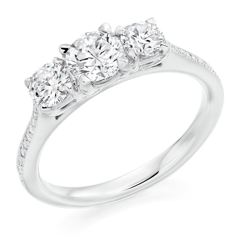 Platinum 950 GIA Certified Round Brilliant Cut Diamond Trilogy Engagement Ring With Diamond Set Shoulders