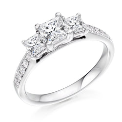 9ct White Gold GIA Certified Princess Cut Diamond Trilogy Engagement Ring With Round Brilliant Cut Diamond Shoulders